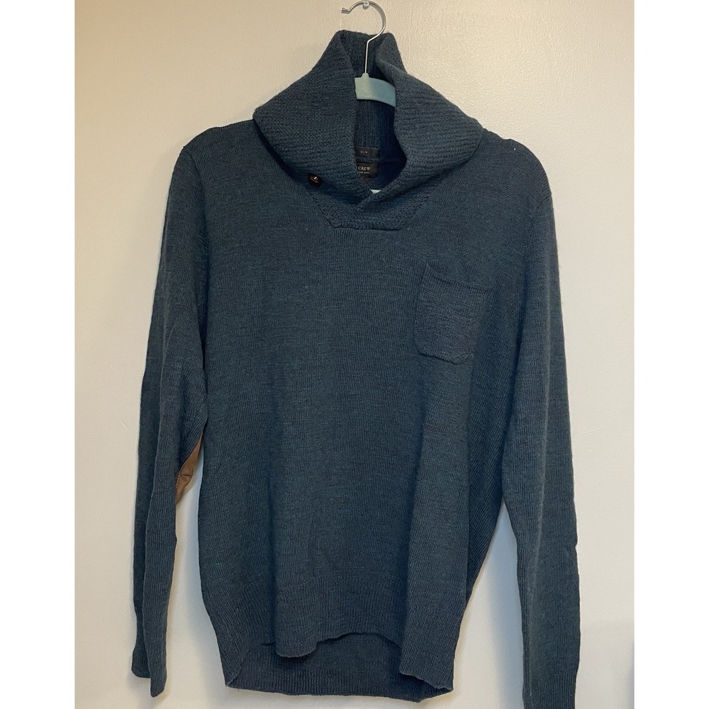 J Crew‎ Sweater Men M Teal 100% Merino Wool Elbow Patch Leather Shawl Neck EUC